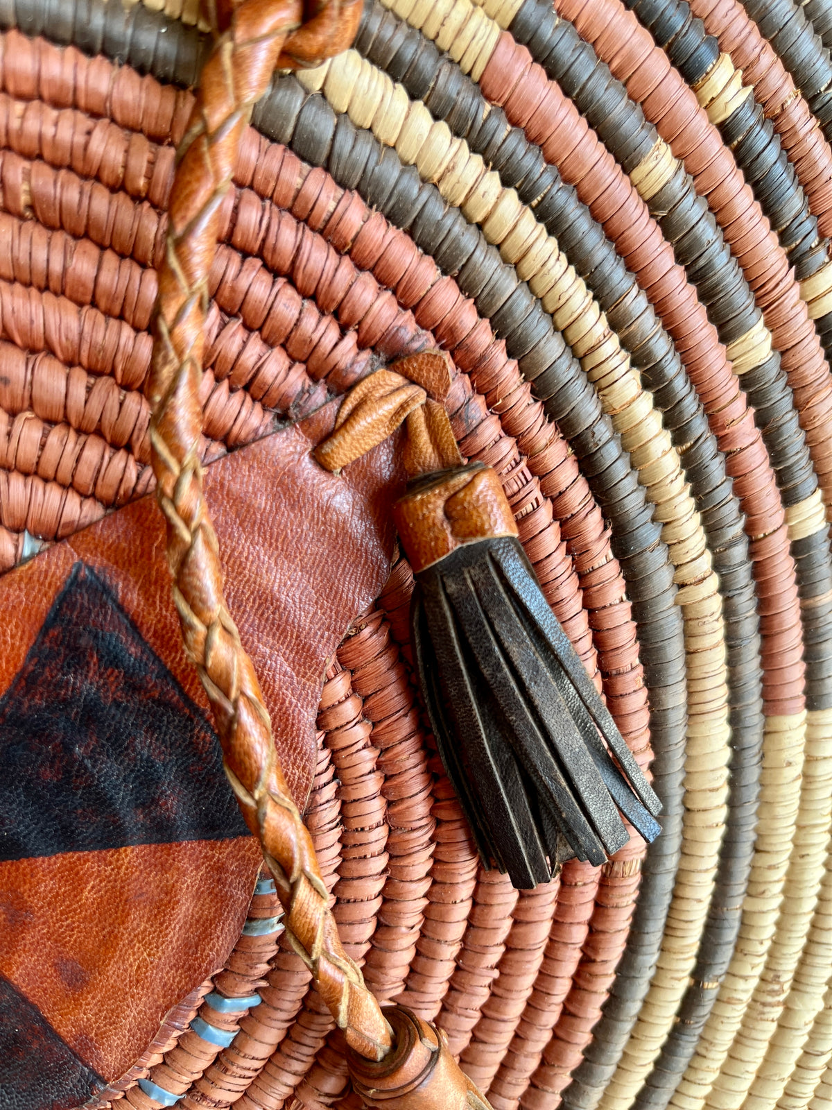 Vintage African Handwoven Round Basket Bag Raffia Shopper