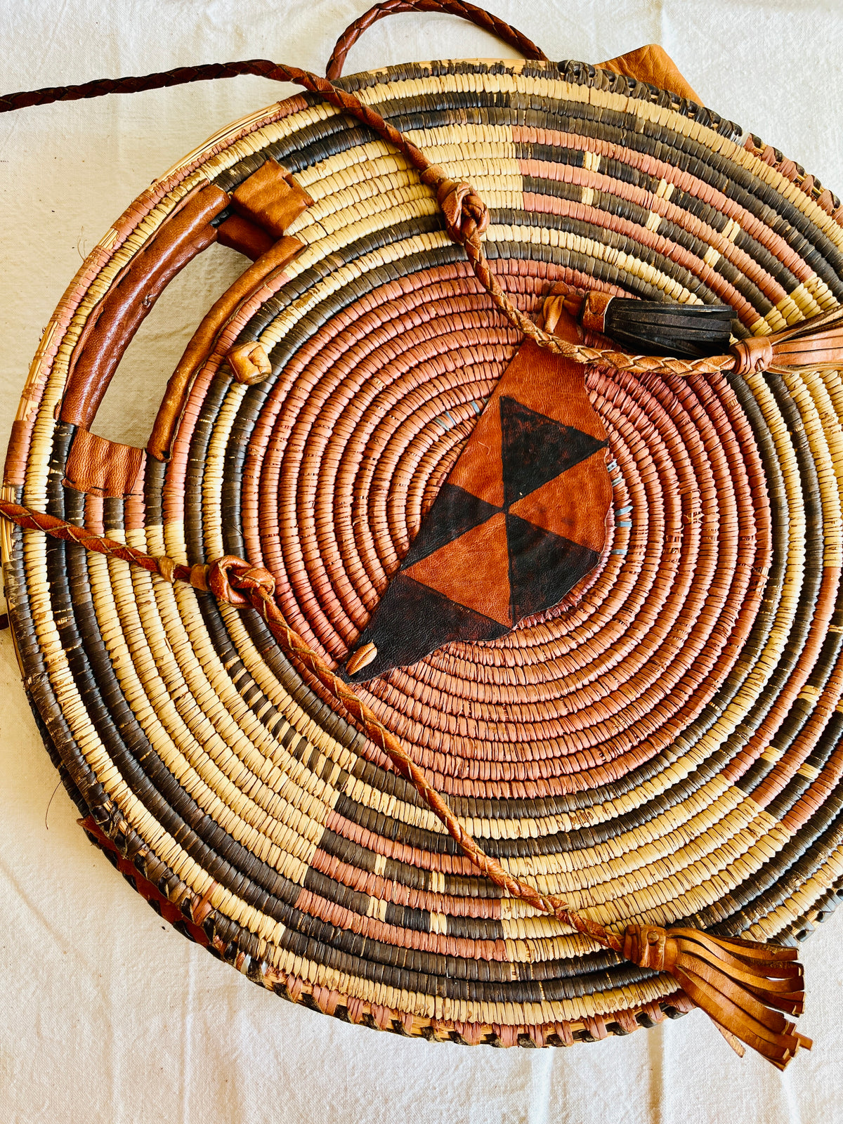 Vintage African Handwoven Round Basket Bag Raffia Shopper