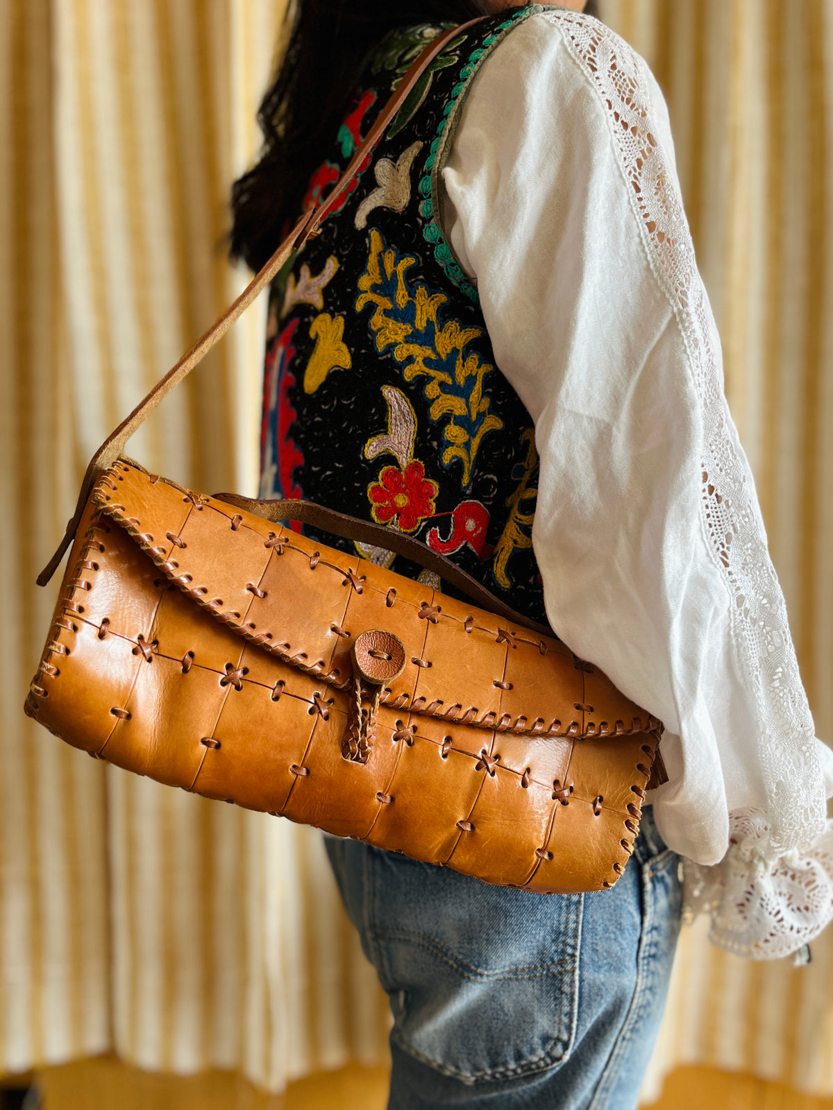 Vintage Tooled Leather Purse Boho Shoulder Bag