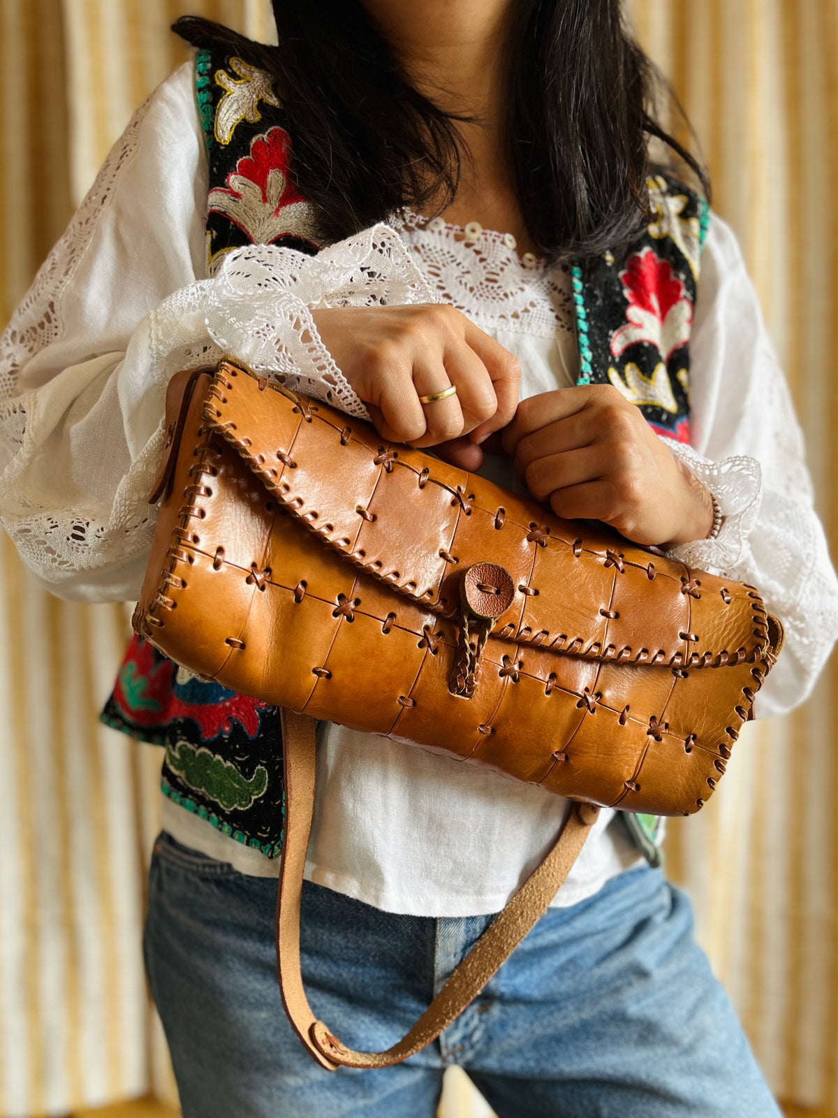 Vintage Tooled Leather Purse Boho Shoulder Bag