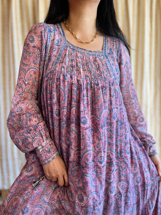 Rare Maxi Air thin 70s Indian Block Print Dress