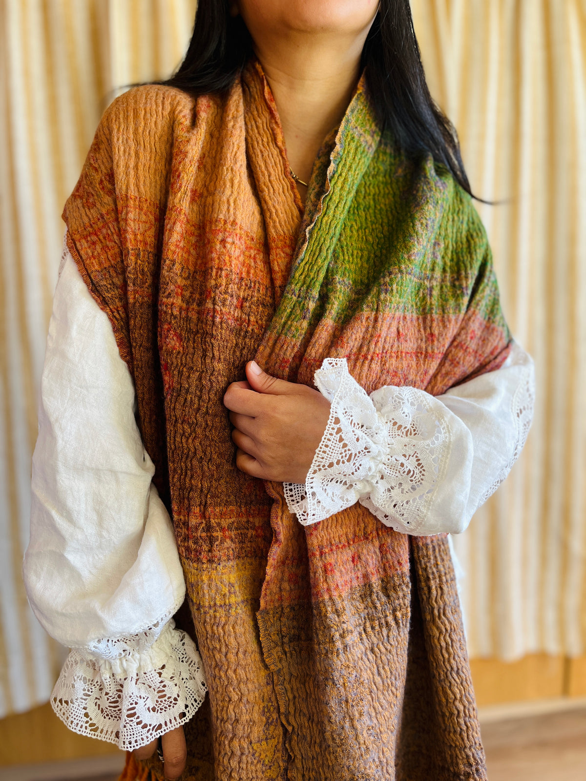 Shrunken Bronze and Green Reversible Vintage Indian Wool Scarf