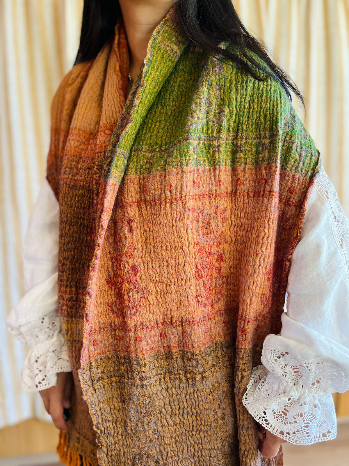 Shrunken Bronze and Green Reversible Vintage Indian Wool Scarf