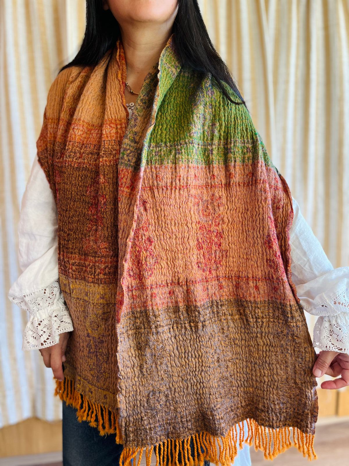 Shrunken Bronze and Green Reversible Vintage Indian Wool Scarf