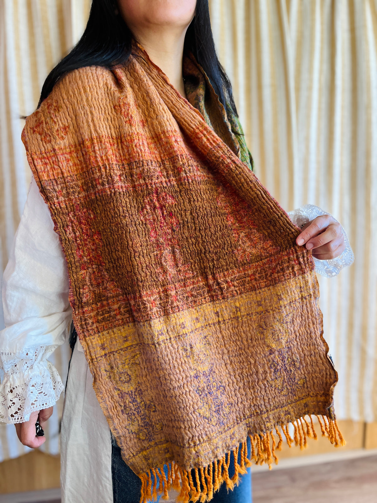 Shrunken Bronze and Green Reversible Vintage Indian Wool Scarf