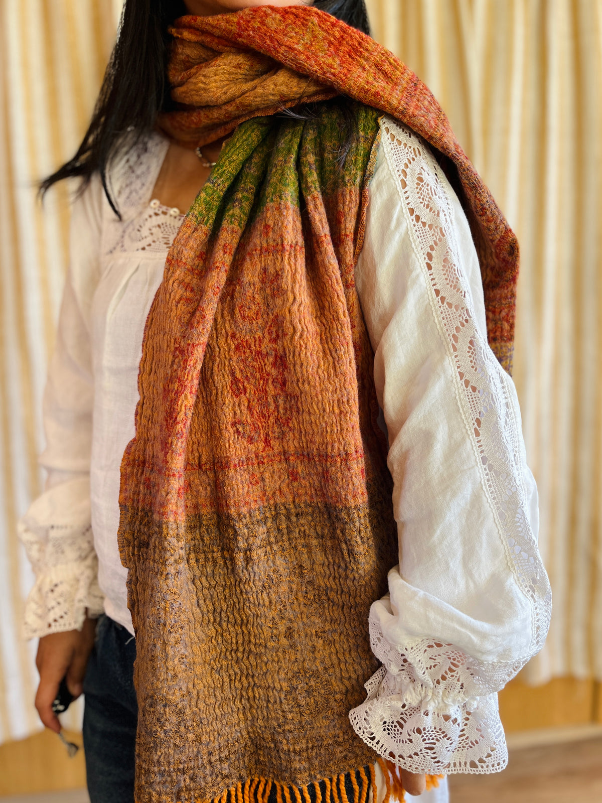 Shrunken Bronze and Green Reversible Vintage Indian Wool Scarf