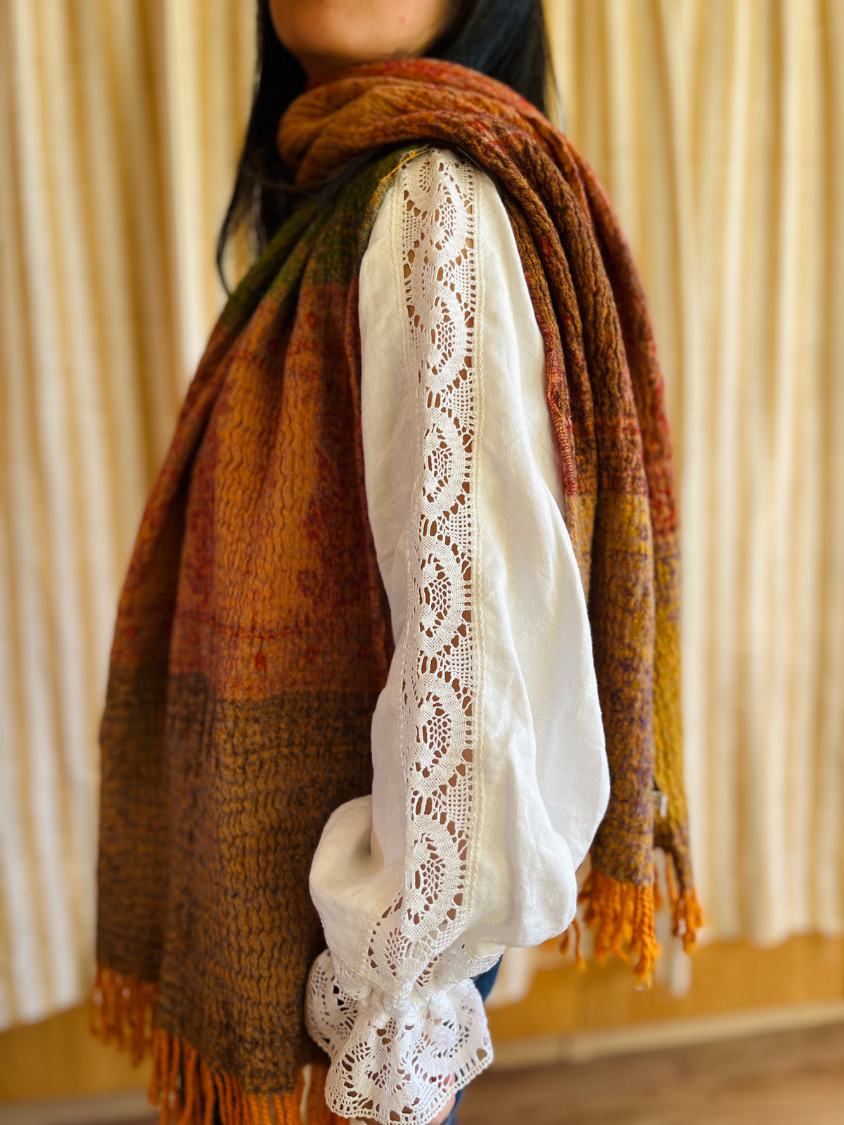 Shrunken Bronze and Green Reversible Vintage Indian Wool Scarf