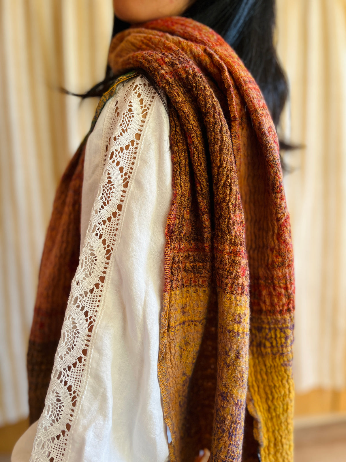 Shrunken Bronze and Green Reversible Vintage Indian Wool Scarf