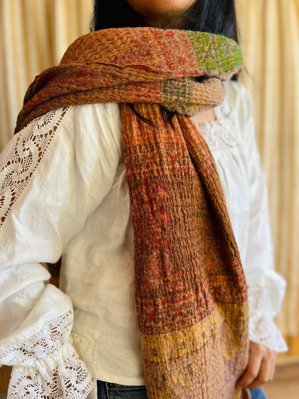 Shrunken Bronze and Green Reversible Vintage Indian Wool Scarf
