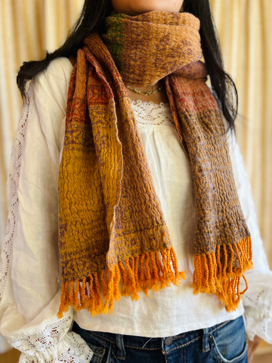 Shrunken Bronze and Green Reversible Vintage Indian Wool Scarf