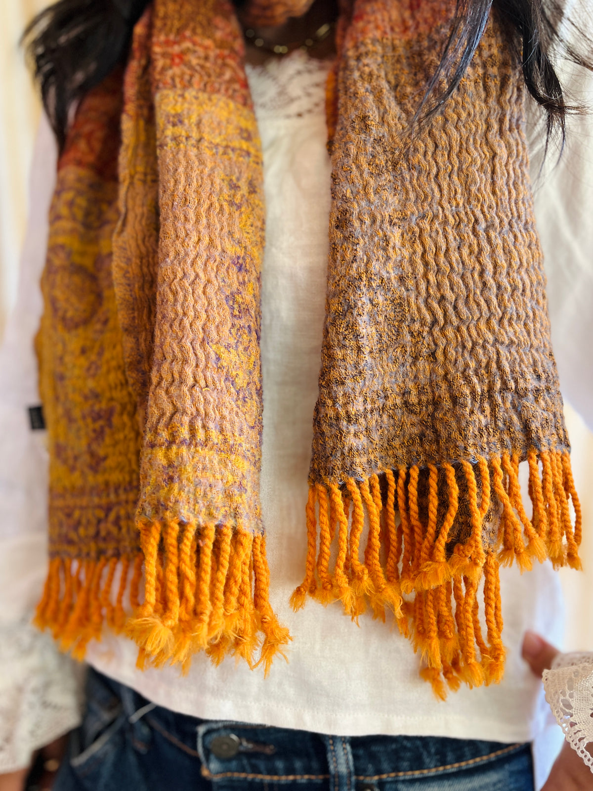 Shrunken Bronze and Green Reversible Vintage Indian Wool Scarf