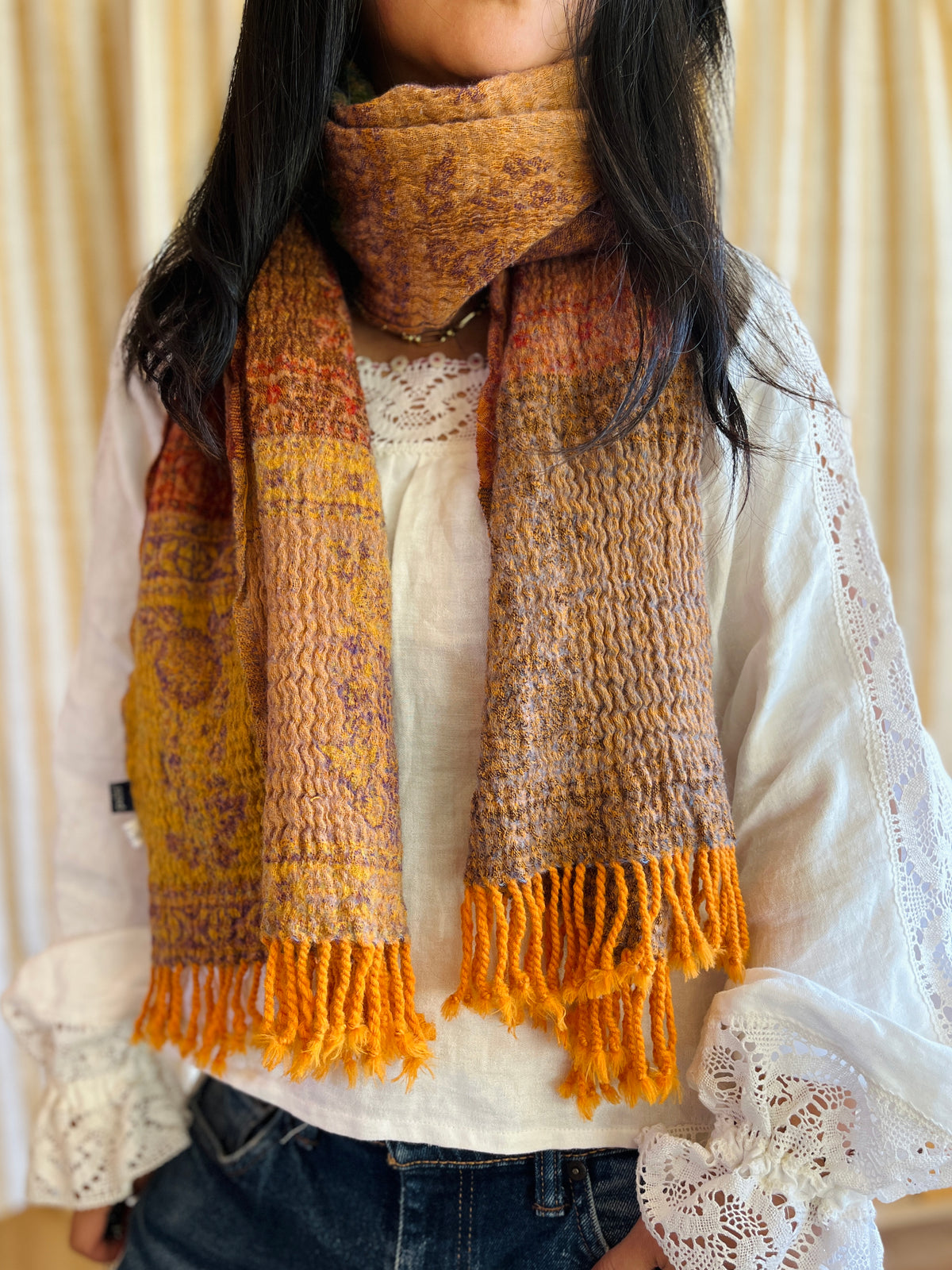 Shrunken Bronze and Green Reversible Vintage Indian Wool Scarf