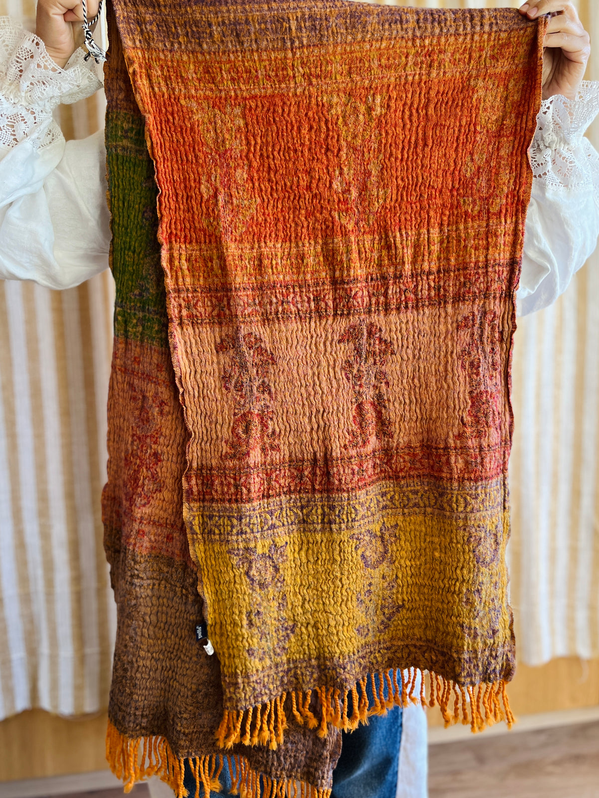 Shrunken Bronze and Green Reversible Vintage Indian Wool Scarf