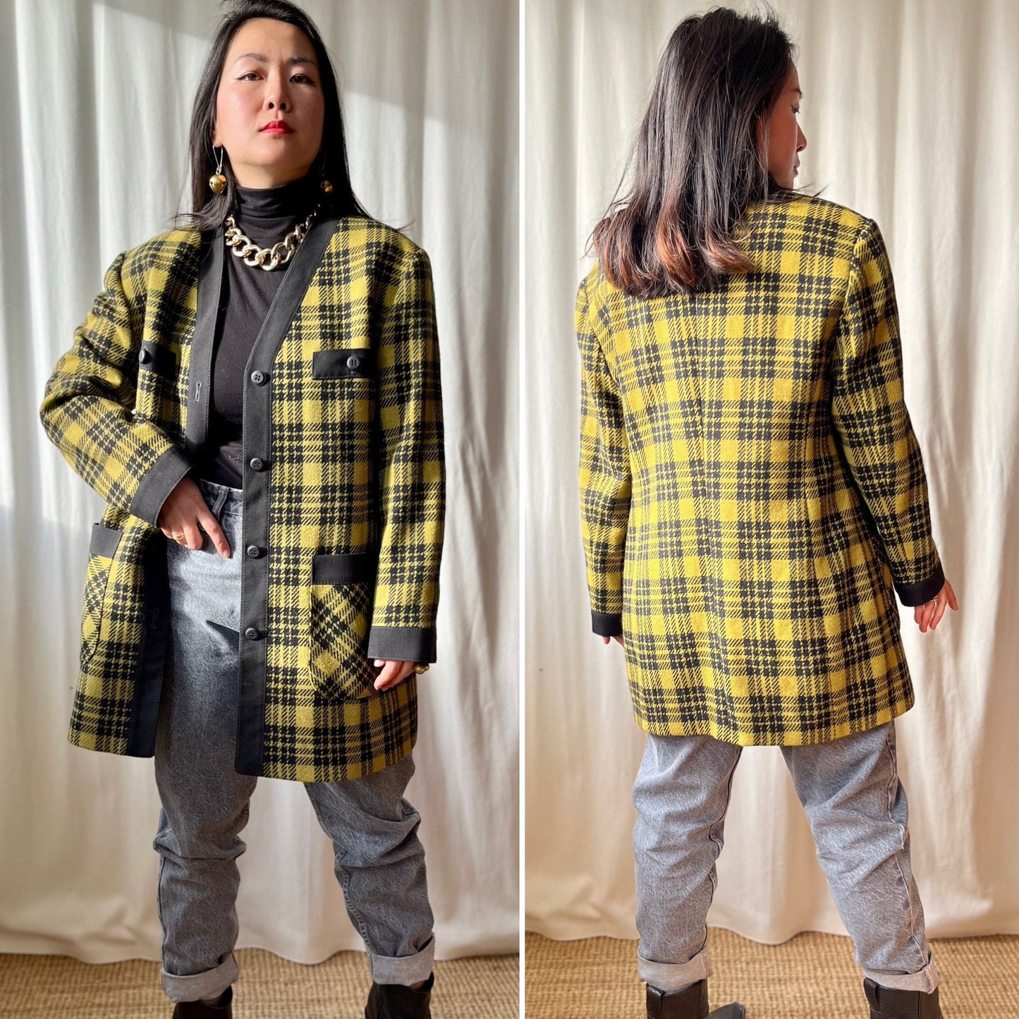 80s Light Wool Coat Checker Mustard black Houndstooth Long Blazer