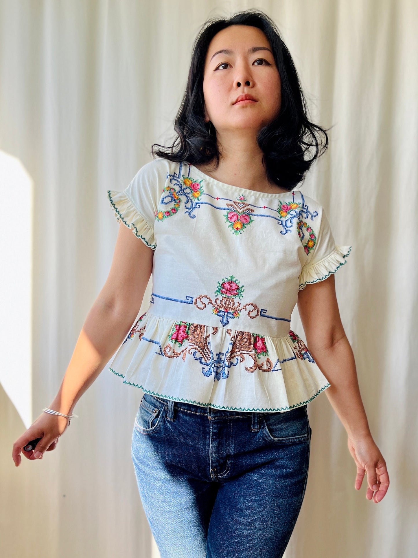 Thursday Blouse (Petite) - Repurpose from vintage hand embroidered table linen