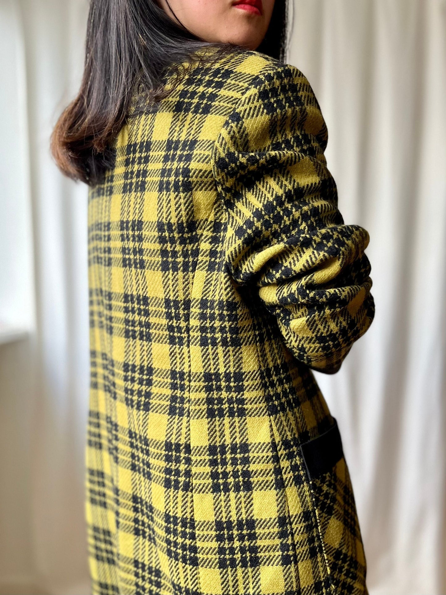 80s Light Wool Coat Checker Mustard black Houndstooth Long Blazer