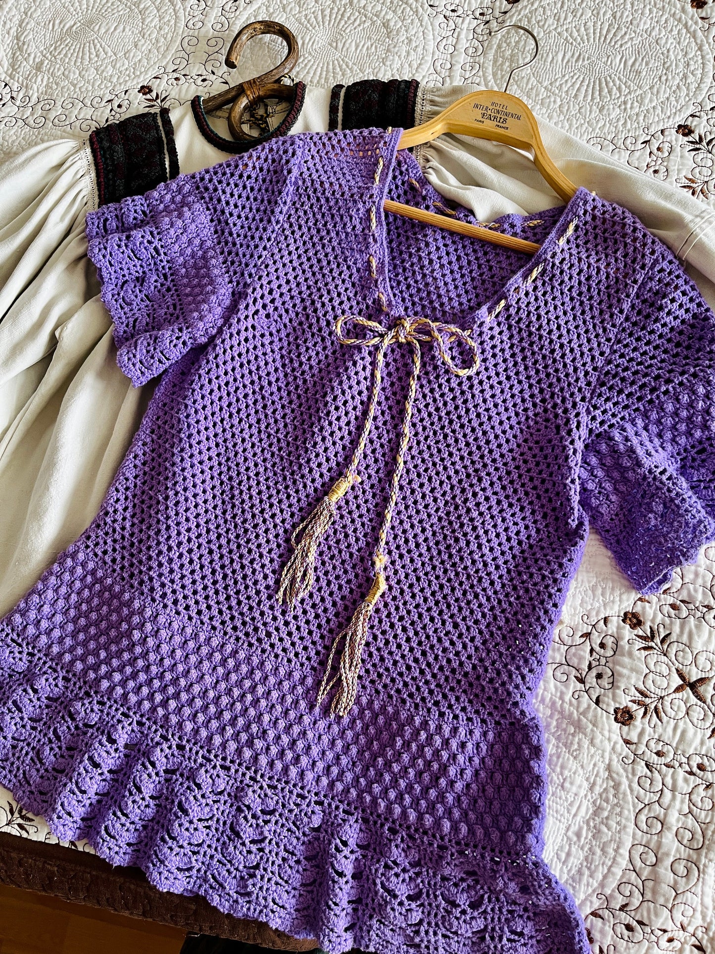 Handmade Vintage Crochet romantic lilac pullover with bell sleeves