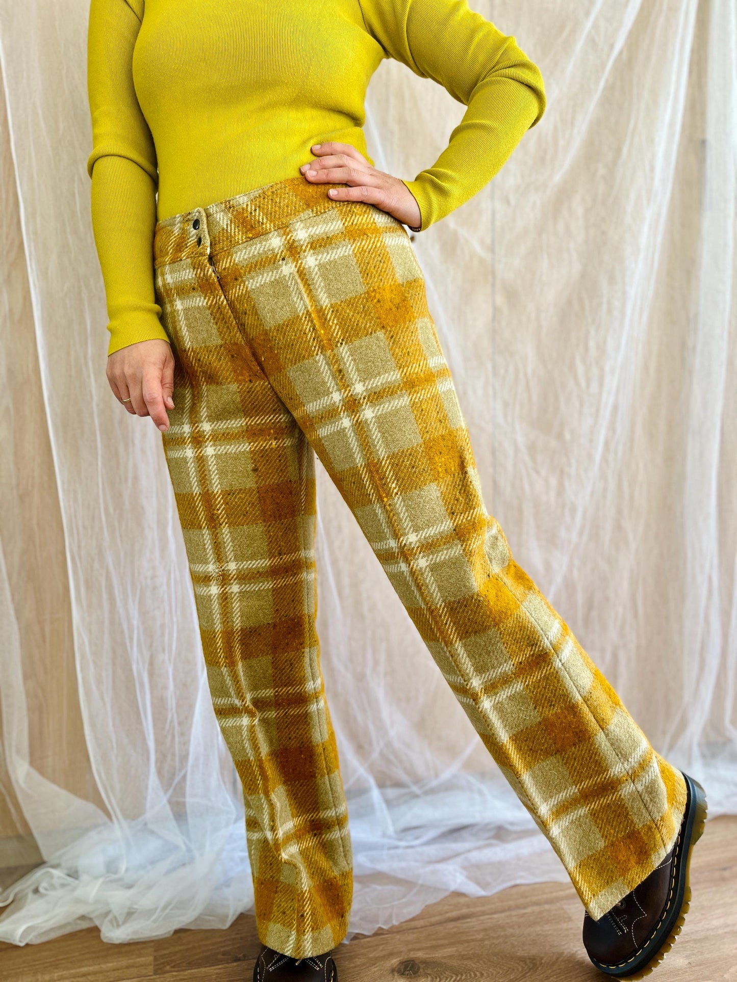 Vintage 70s Wide Legs High Waist Plaid Checker Wool Tailored Trousers