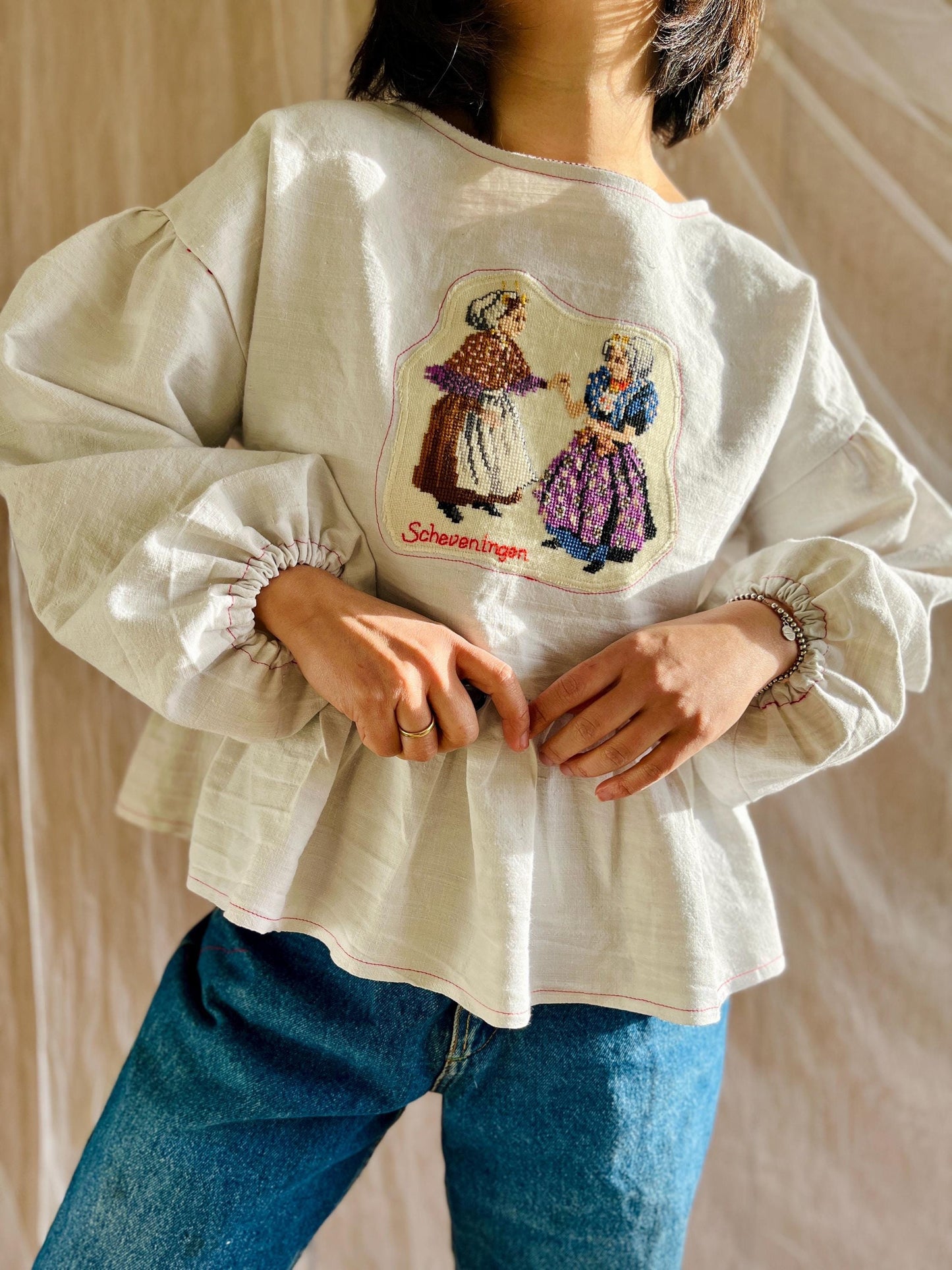 Antique hand embroidered Cross stitches art Scheveningen Dolly Blouse