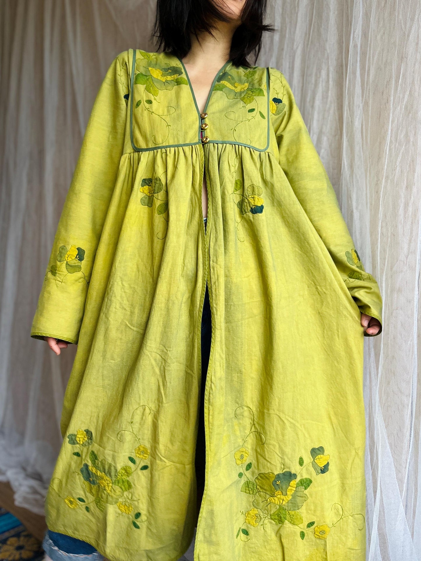 Dyed Green Appliqué tablecloth turns Goddess dress