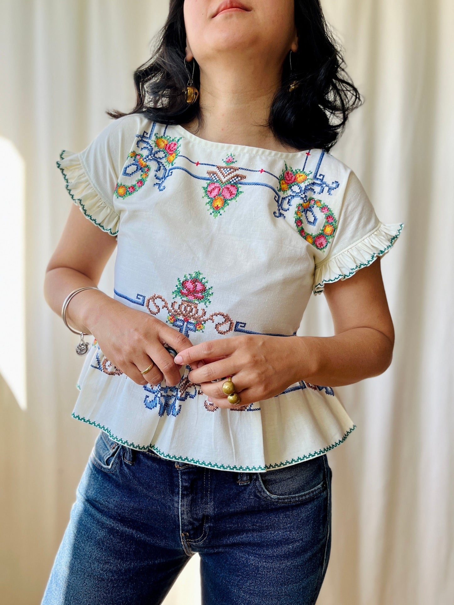 Thursday Blouse (Petite) - Repurpose from vintage hand embroidered table linen