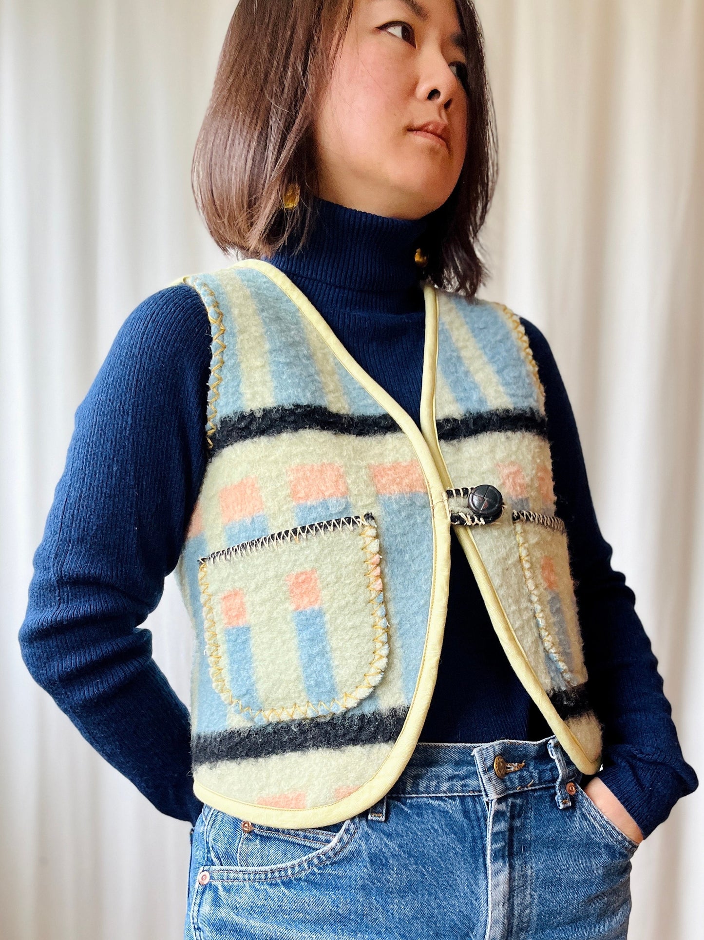 Repurposed Thick Boiled wool blanket turns Huggy Gilet