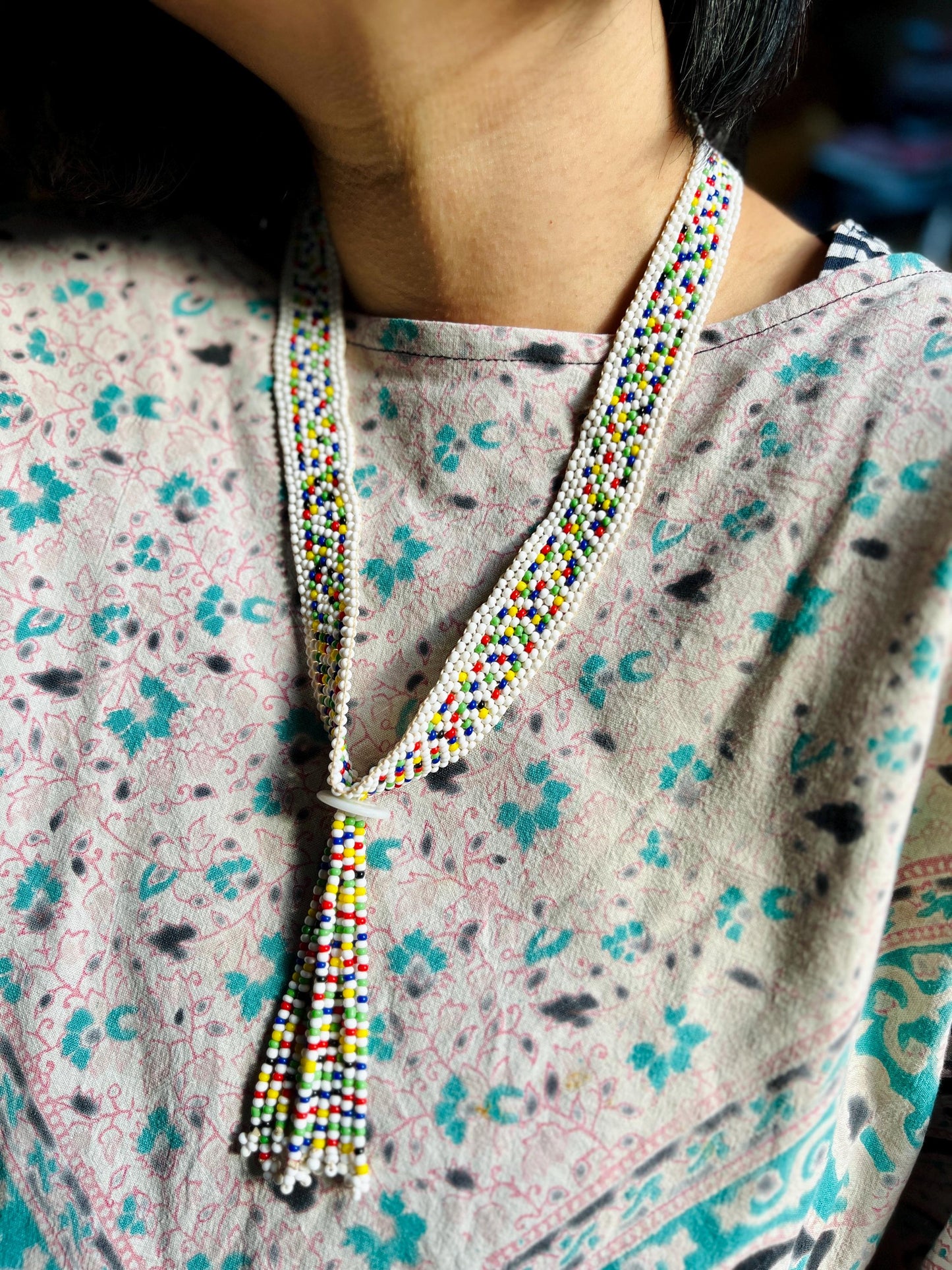 Handmade Vintage Ethnic bead art statement necklace with tassel