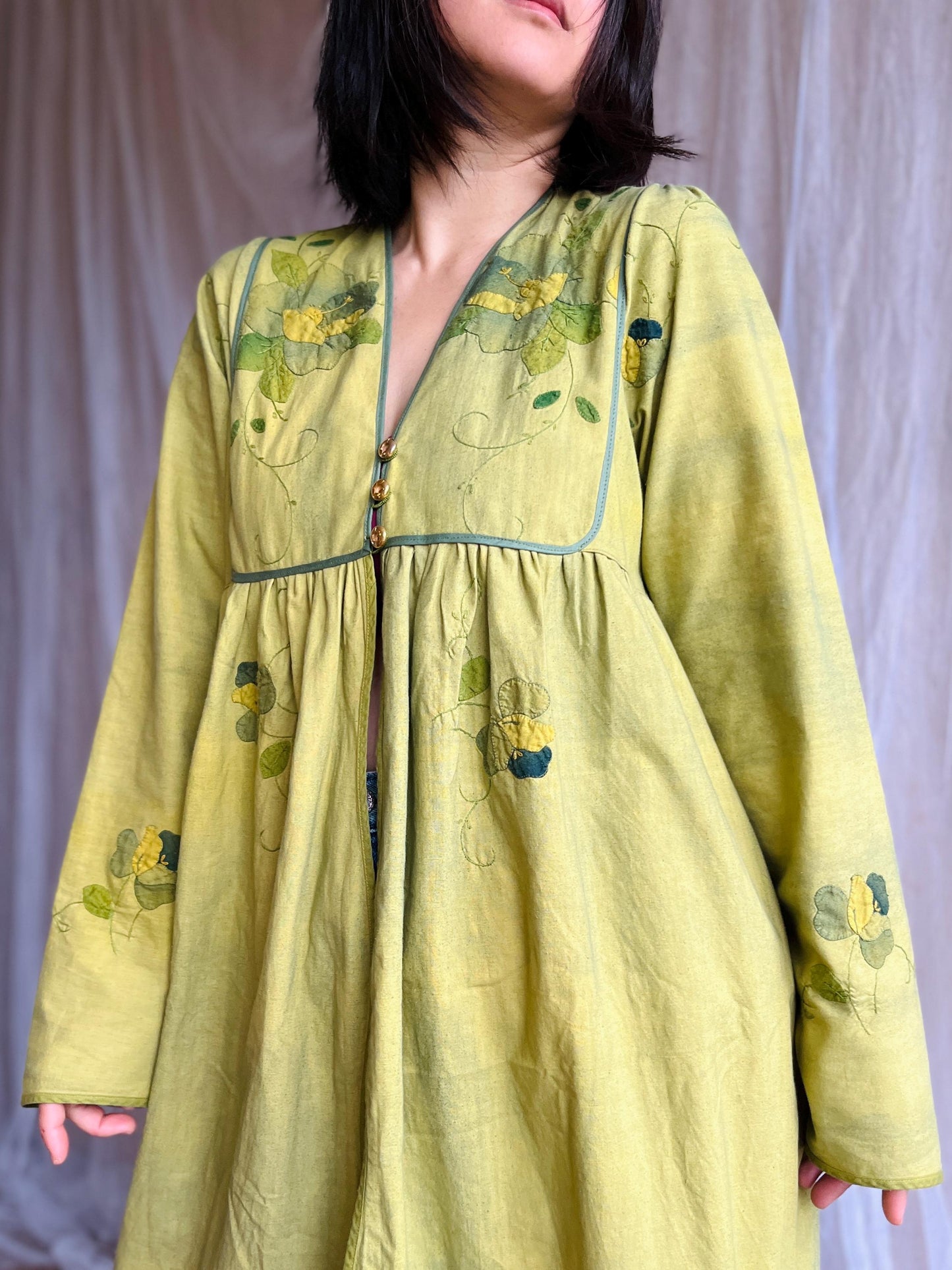 Dyed Green Appliqué tablecloth turns Goddess dress