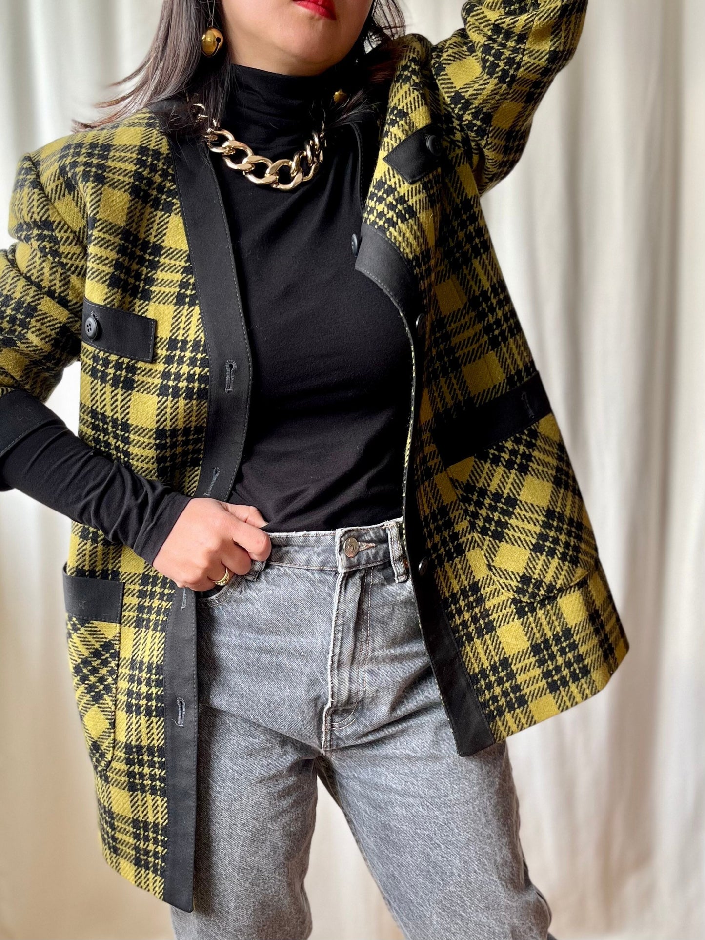 80s Light Wool Coat Checker Mustard black Houndstooth Long Blazer