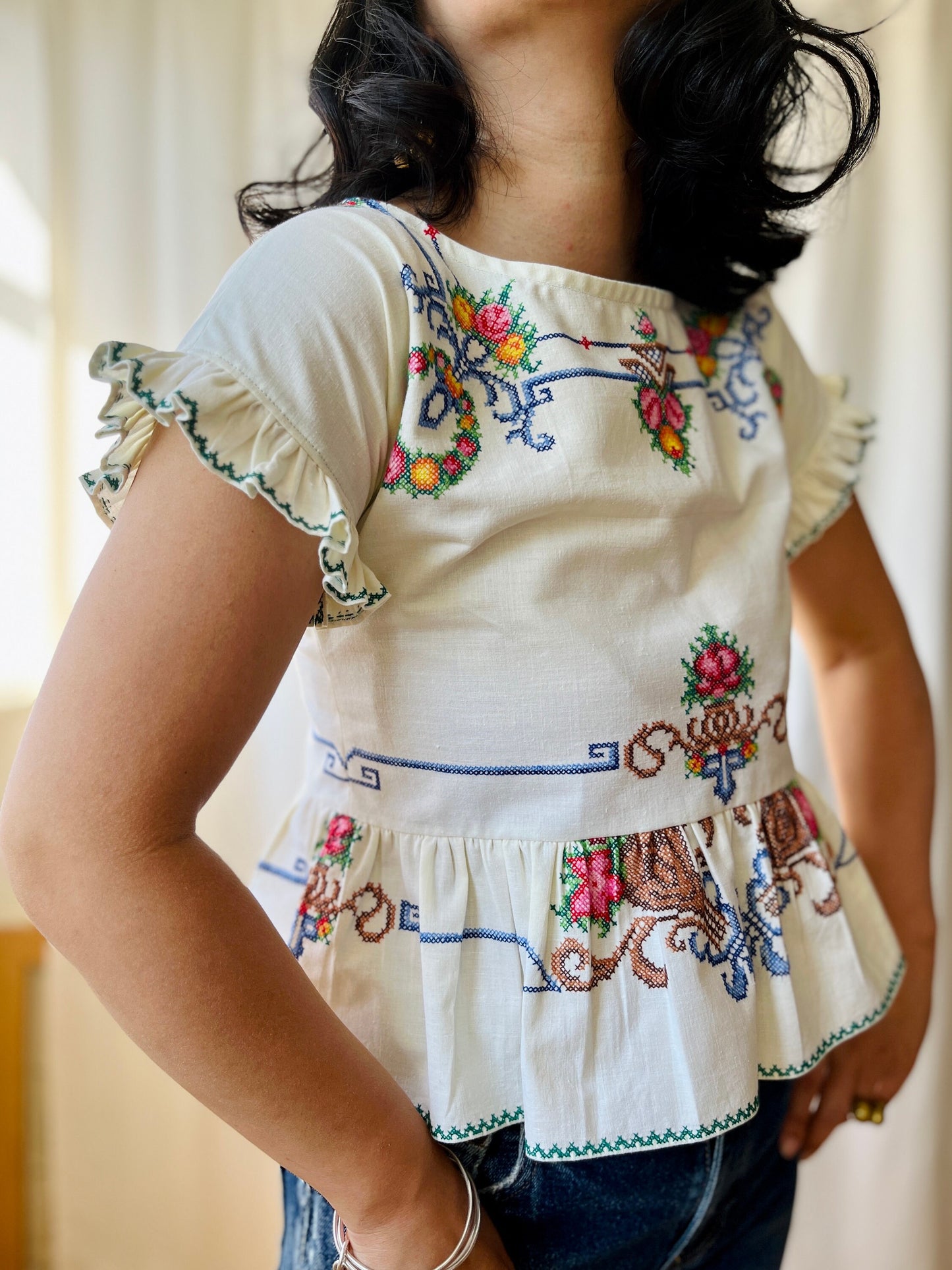 Thursday Blouse (Petite) - Repurpose from vintage hand embroidered table linen