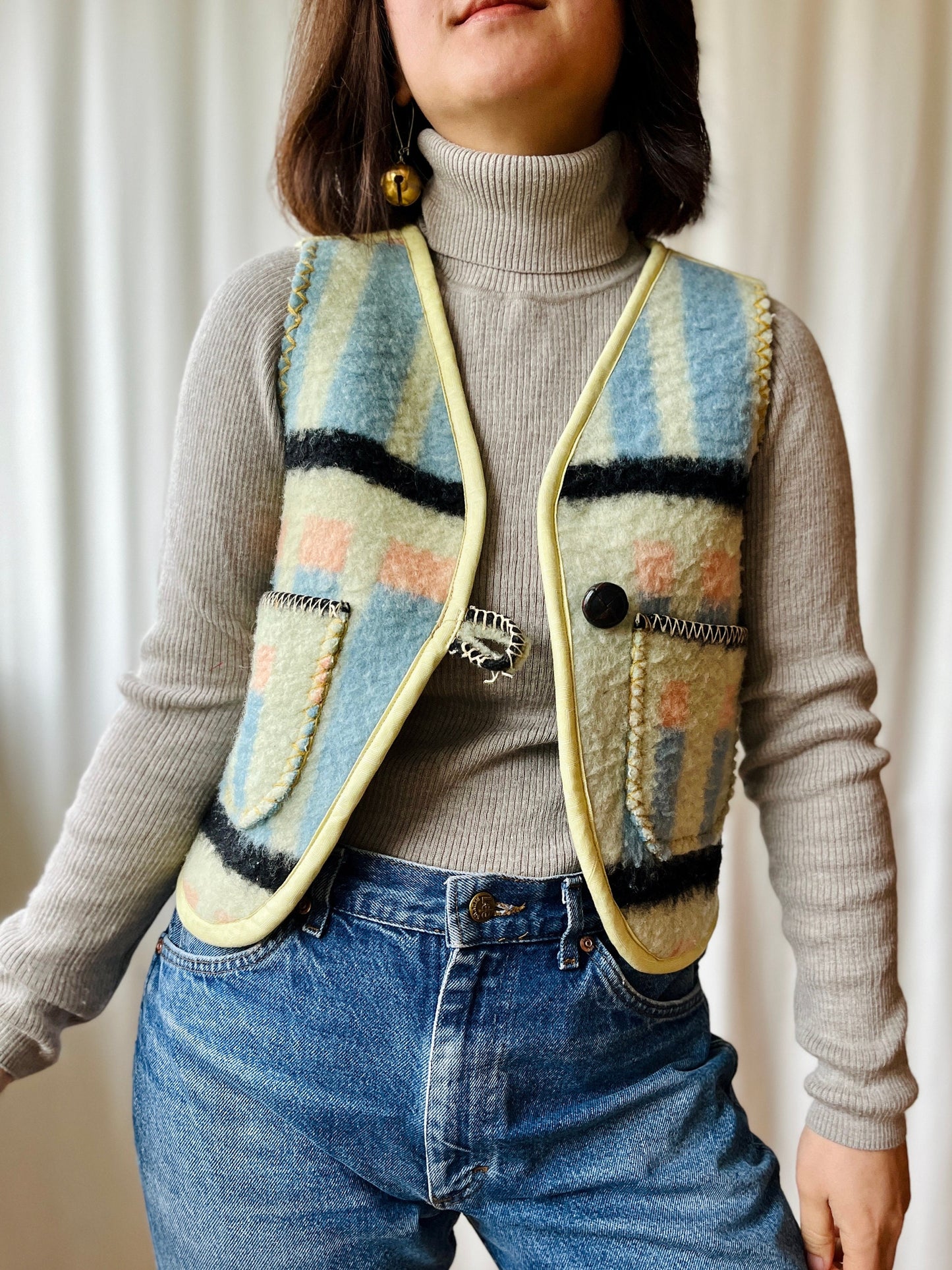 Repurposed Thick Boiled wool blanket turns Huggy Gilet