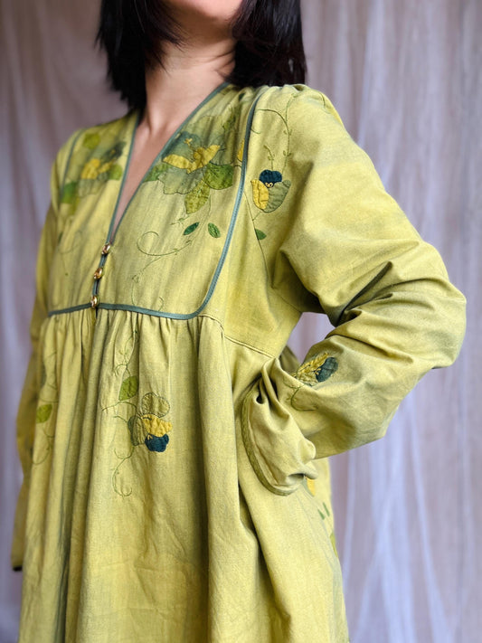 Dyed Green Appliqué tablecloth turns Goddess dress