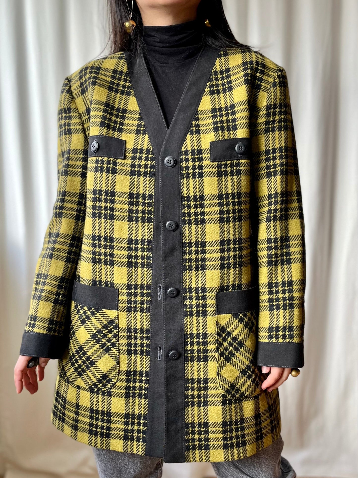 80s Light Wool Coat Checker Mustard black Houndstooth Long Blazer