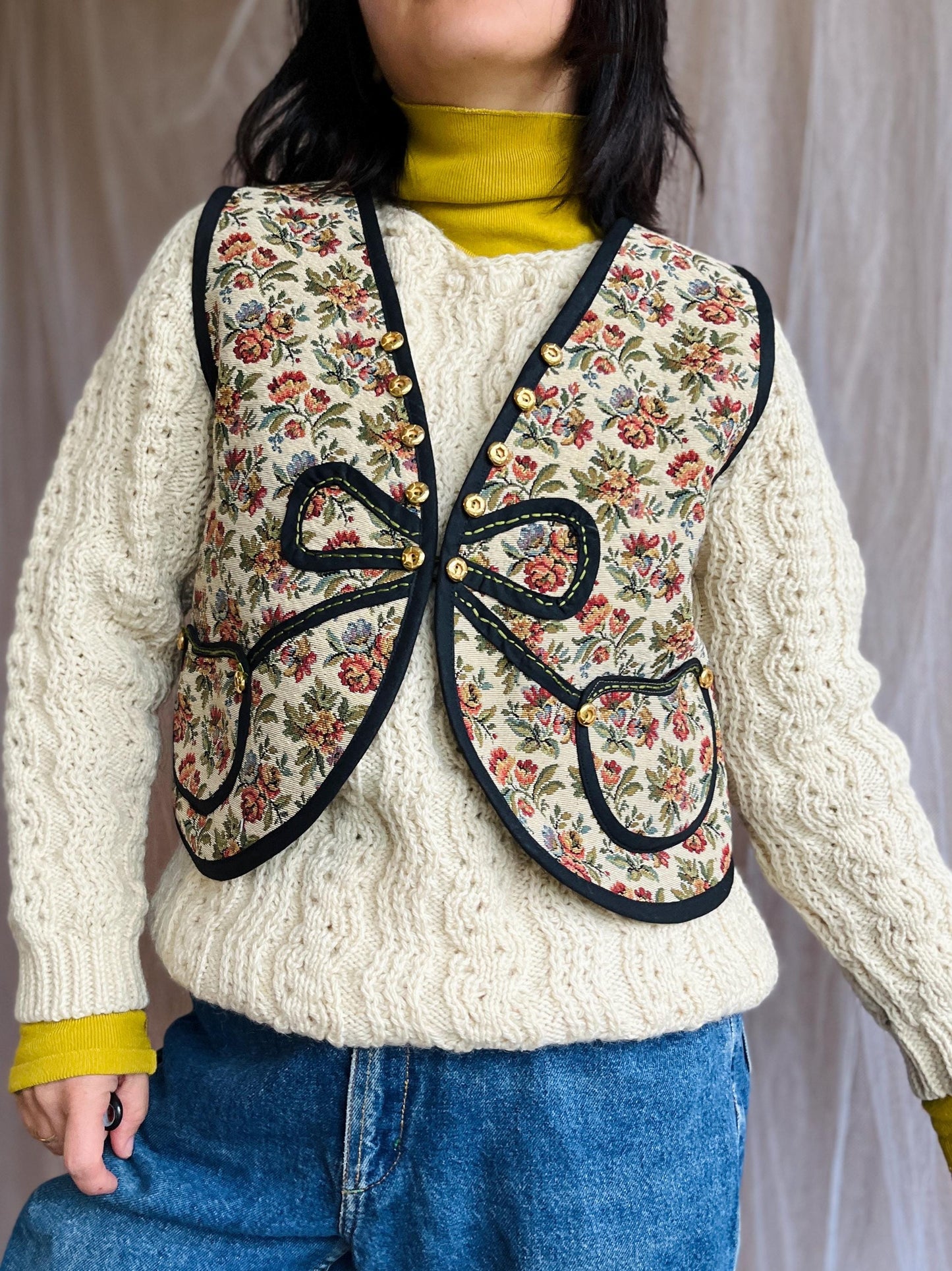 Double sided Sweater Gilet made from Vintage tapestry and Appliqué tablecloth