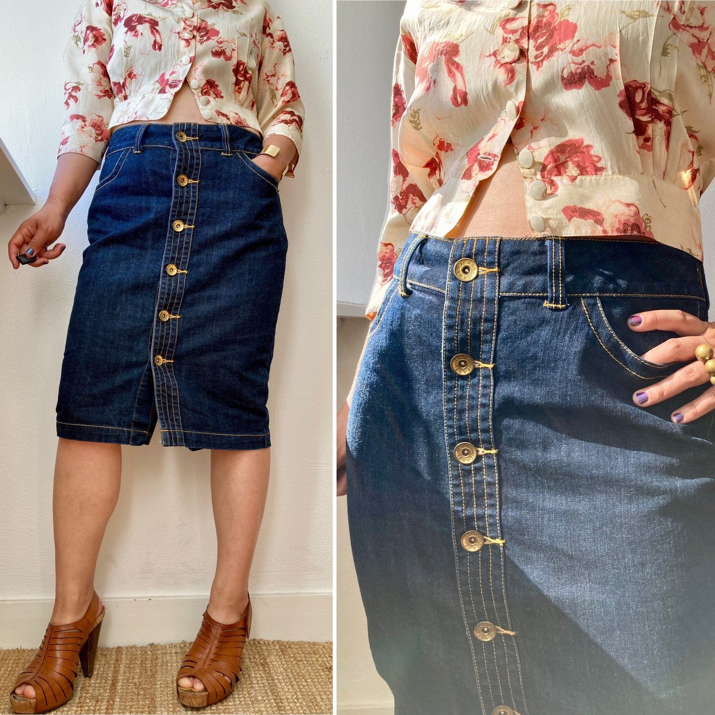 Vintage 90s High Waist Front button Denim Pencil skirt