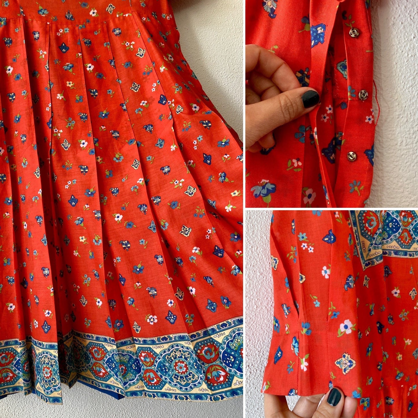 Vintage 1970s handmade floral paisley block print pleated midi dress